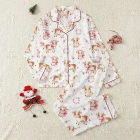 Women's & Girls' Whimsical Watercolor Cow Floral All-Over Print with Blush Pink Fuchsia Accents Satin Pajamas Set
