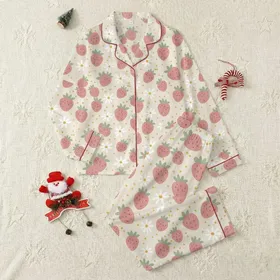 Women's Whimsical Naive Aesthetic Rose Pink Strawberry Sage Green Daisy Floral Pattern on Light Beige Satin Pajamas Set