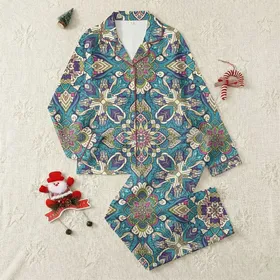 Women's Intricate Bohemian Teal Turquoise Floral Paisley Geometric Tapestry Satin Pajamas Set