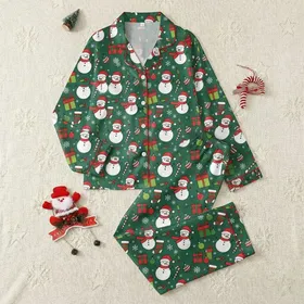 Women's Evergreen Green & Red Festive Cartoon Snowmen, Candy Canes, Holiday Gift & Ornament Pattern Satin Pajamas Set
