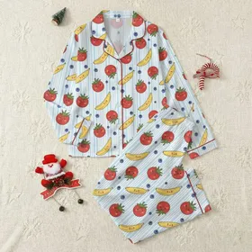 Women's Cheerful Cartoon Red Tomato Yellow Banana Blue Berry Vertical Stripe Satin Pajamas Set