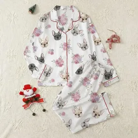 French Bulldog Lovers' White Watercolor French Bulldog Charcoal Blush Rose Floral Satin Pajamas Set