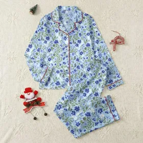 Women's Blue Floral & Butterfly Hand-Drawn Botanical with Olive Green Foliage Satin Pajamas Set