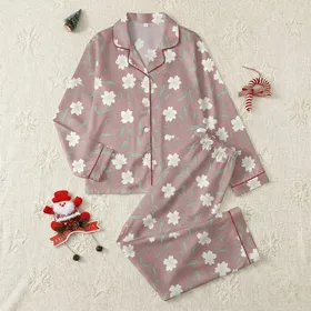 Women's Dusty Rose Botanical Print Delicate White Five-Petal Flowers, Cream Yellow Centers, Sage Green Leaves Satin Pajamas Set