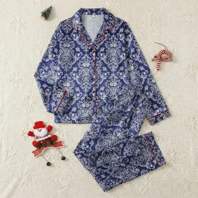 Women's Elegant Deep Navy White Intricate Floral Scrollwork Lace Pattern Satin Pajamas Set