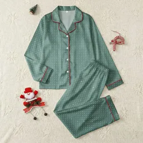 Women's Minimalist Muted Seafoam Green Off-White Dots Four-Point Star Pattern Satin Pajamas Set