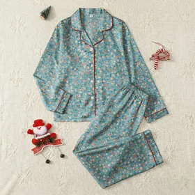 Women's Whimsical Sky Blue Botanical Peach Pink Coral Wildflower Sketch Pattern Satin Pajamas Set