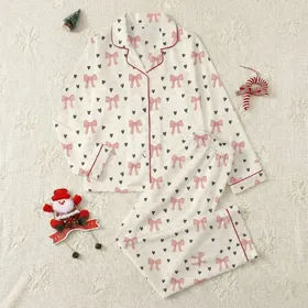 Women's Soft Hand-Drawn Dusty Pink Bows Dark Grey Hearts Light Pink Star Outline Pattern Satin Pajamas Set