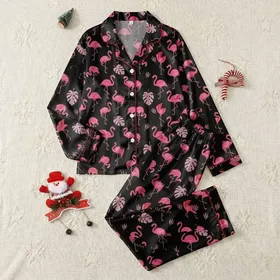 Women's Hot Pink Flamingo Deep Black Tropical Leaf Illustrative Seamless Pattern Satin Pajamas Set
