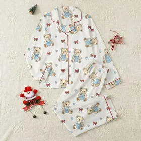 Women's Creamy Off-White Cartoon Teddy Bear Light Blue Overalls Dark Red Bows Pattern Satin Pajamas Set