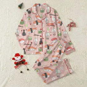 Women's Blush Pink Whimsical Cartoon Smiling Sushi Boba Tea Cherry Blossom Pattern Satin Pajamas Set