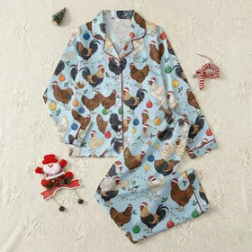 Christmas Enthusiasts' Whimsical Cartoon Chickens Santa Hats Ornaments Mistletoe Sky Blue Pattern Satin Pajamas Set