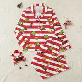 Men's Festive Red White Wide Stripe Cartoon Elf Hat Jingle Bell Candy Cane Motif Satin Pajamas Set