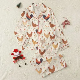 Women's Illustrative Farm Rooster Hen Whimsical Creamy Off-White Orange Yellow Floral Pattern Satin Pajamas Set
