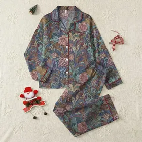 Women's Intricate Painterly Vintage Botanical Floral Tapestry in Muted Rose Plum Indigo Satin Pajamas Set