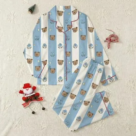 Women's Muted Sky Blue Cream Striped Whimsical Bear Head Pastel Flower Moon Pattern Satin Pajamas Set