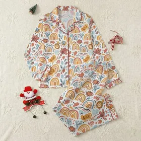 Women's Whimsical Hand-Drawn Abstract Rainbow Botanical Dusty Rose Pink Baby Blue Mustard Pattern Satin Pajamas Set