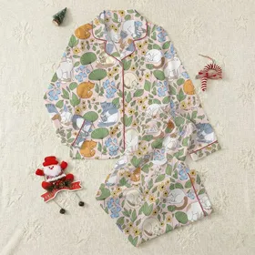 Women's Whimsical Pastel Pink Cat Garden Botanical Pattern, Orange Tabby & Cream Cat Illustrative Design Satin Pajamas Set