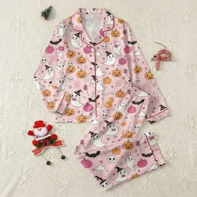 Women's Whimsical Pastel Pink Halloween Ghosts Pumpkins Bats Candy Corn & Skulls Pattern Satin Pajamas Set