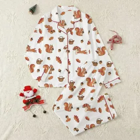Women's Whimsical Russet Brown Cartoon Squirrel Autumn Leaves White Pattern Satin Pajamas Set