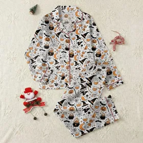 Women's Whimsical Black Orange Illustrative Halloween Pattern with Witch Hats, Bats, Jack-o'-Lanterns on White Satin Pajamas Set