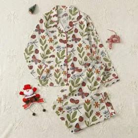 Women's Whimsical Meadow Insect & Botanical Print with Red Ladybugs, Blue Butterflies, Olive Green Foliage Satin Pajamas Set