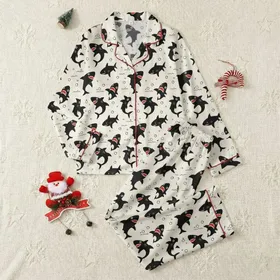 Women's Cartoon Black Sharks, Open Red Mouths, Pink Gums, Cream Background Pattern Satin Pajamas Set