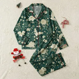 Women's Emerald Green Traditional Asian Floral Cranes Chrysanthemum Peony Motif Satin Pajamas Set