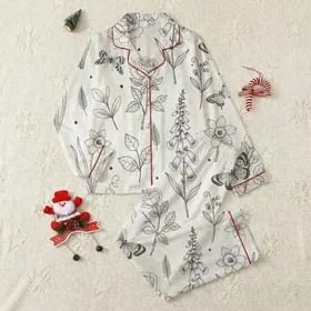 Women's Delicate Charcoal Botanical Wildflower & Butterfly Sketch Pattern on Creamy Beige Satin Pajamas Set
