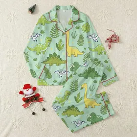 Women's Whimsical Cartoon Dinosaurs & Foliage Pattern, Mint Green, Lime, Yellow & Sky Blue Satin Pajamas Set