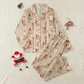 Women's Whimsical Cream & Rustic Brown Striped Puppy Pattern with Red Hats, Hearts & Paw Prints Satin Pajamas Set