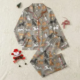 Women's Joyful Dog Breeds Doodle Pattern, Greige Background with Bright Accents & "Pawsitive Vibes" Satin Pajamas Set