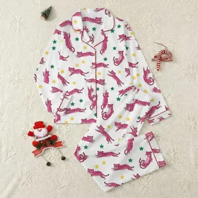 Women's Whimsical Hot Pink Fuchsia Cartoon Leopard Star Yellow Emerald Green White Vector Pattern Satin Pajamas Set
