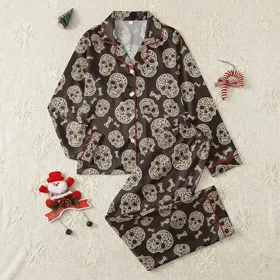 Women's Deep Brown Repeating Stylized Skulls & Bones with Cream Tan Leopard Spots Satin Pajamas Set
