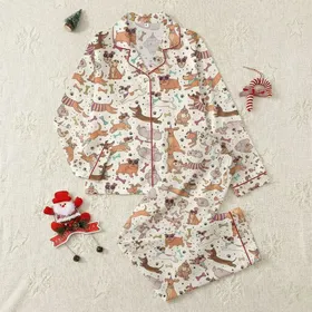 Women's Whimsical Cartoon Dog Breeds Pattern Creamy Off-White Fuchsia Pink Teal Yellow Polka Dots & Bones Satin Pajamas Set
