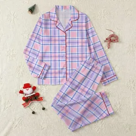 Women's Blush Pink Lavender Sky Blue Grey Pastel Plaid Royal Purple Accents Satin Pajamas Set