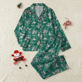 Women's Vibrant Emerald Green Cherry Blossom Bamboo Songbird Nature Art Blush Pink Teal Accents Satin Pajamas Set