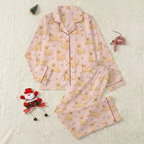 Golden Retriever Lovers' Pastel Pink Playful Golden Retriever Paw Print Bone Pattern Satin Pajamas Set