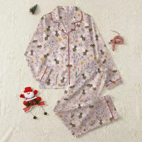Women's Illustrative Pastel Pink Honey Bee Golden Yellow Wildflower Teal Green Meadow Pattern Satin Pajamas Set