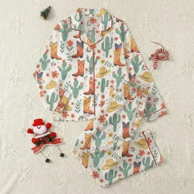 Women's Folksy Western Teal Cacti Terracotta Boots & Coral Blossom Pattern Satin Pajamas Set