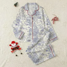 Women's Toile de Jouy Enchanted Woodland Fae Folk & Gnomes Pattern in Muted Blue & Cream Satin Pajamas Set