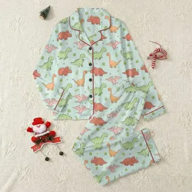 Women's Whimsical Hand-Drawn Cartoon Dinosaurs Pale Aqua Pattern with Pastel T-Rex, Pterodactyls, & Brontosauruses Satin Pajamas Set