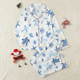 Ocean Lover's Serene Marine Scene: Blue Sea Turtle, Seashell & Starfish Journey Satin Pajamas Set