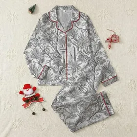 Women's Monochrome Black & Off-White Intricate Toile de Jouy Style Fantastical Wilderness Majestic Wild Animals Motif Satin Pajamas Set