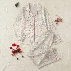 Women's Whimsical Hand-Drawn Bunnies, Blush Wildflowers, & Teal Sprigs Pattern on Creamy Off-White Satin Pajamas Set