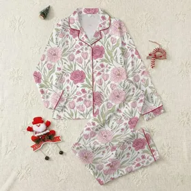 Women's Vintage Botanical Blush Rose Peony Floral with Sage Green Leaves & Burgundy Outlines Satin Pajamas Set