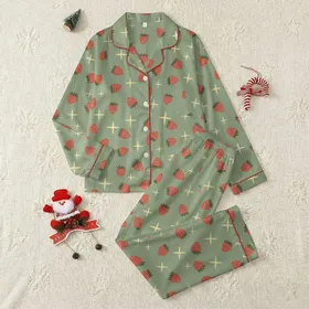 Women's Muted Sage Green Bright Red Strawberry Pale Yellow Starburst Hand-Drawn Naive Scattered Pattern Satin Pajamas Set