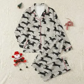 Women's Off-White Black Thin Stripe Playful Dachshund Silhouette Pattern Satin Pajamas Set