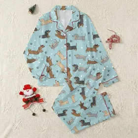 Dachshund Lovers' Whimsical Cartoon Dachshunds Sky Blue Polka Dot Pattern with Sunglasses and Bow Ties Satin Pajamas Set