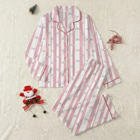 Women's Soft Pastel Pink White Vertical Stripe Repeating Bow Icon Pattern Satin Pajamas Set